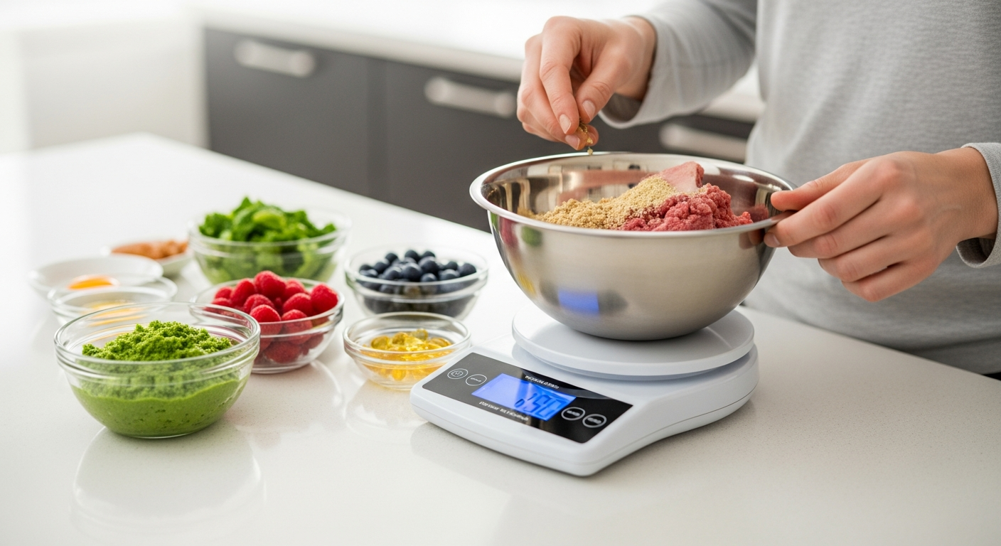 Préparation d&rsquo;une ration BARF avec pesage des ingrédients