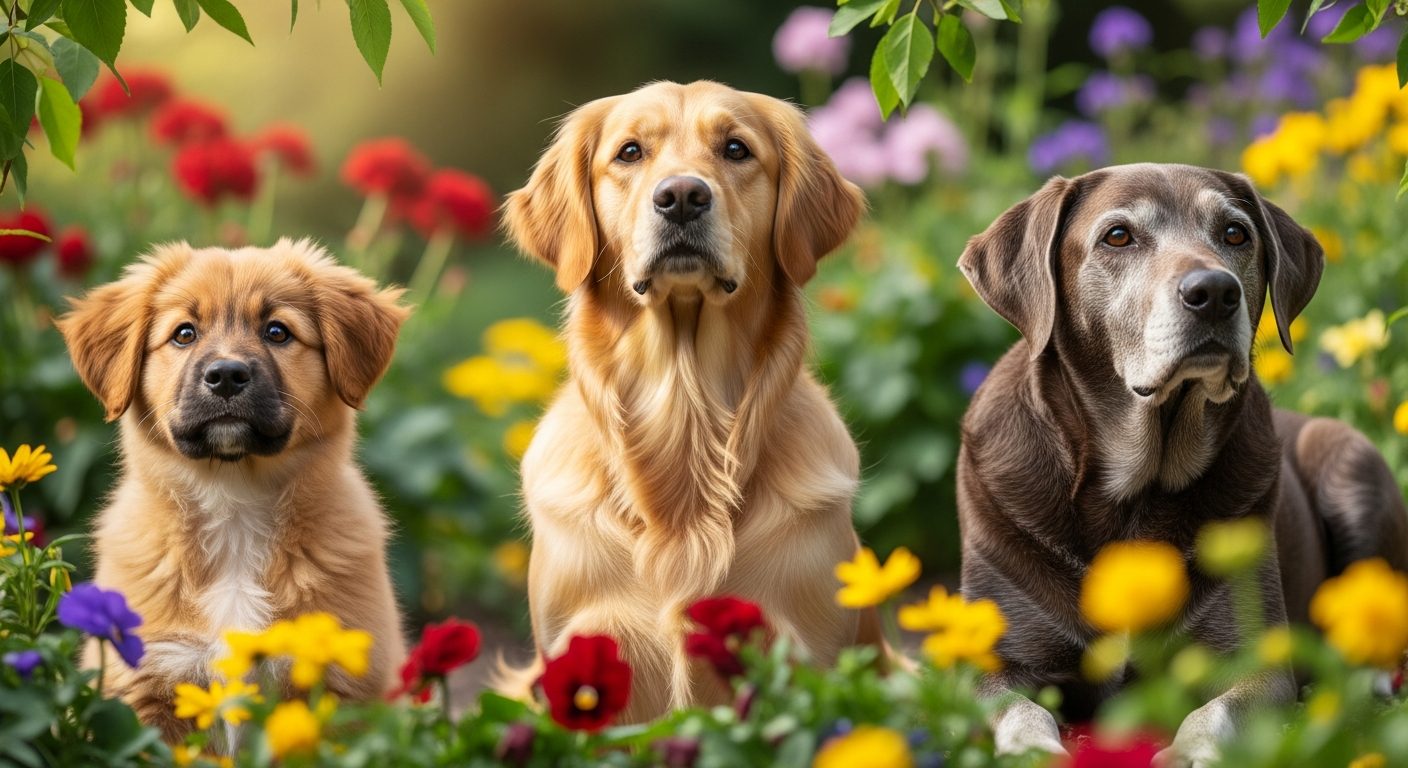 Chiens de différents âges côte à côte dans un jardin
