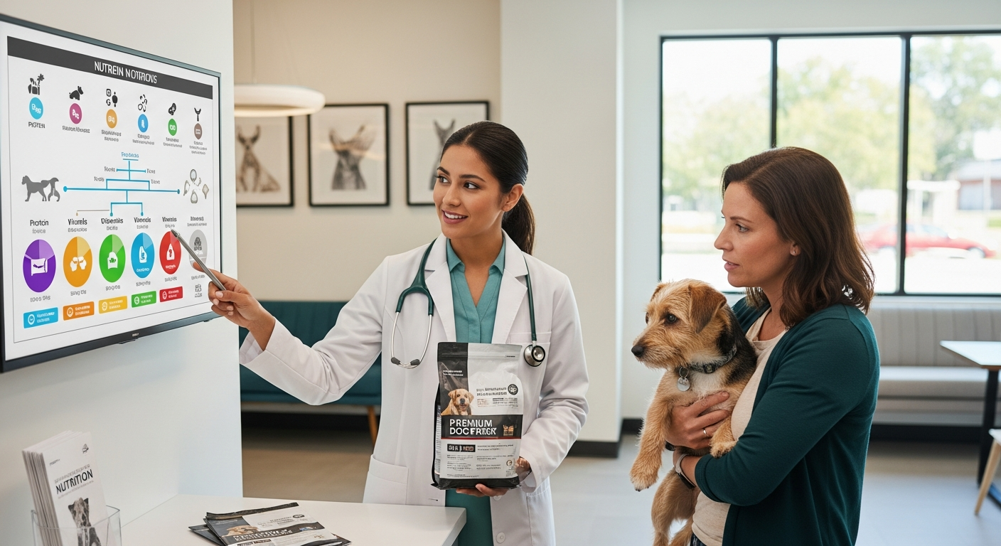Vétérinaire conseillant un propriétaire de chien sur l&rsquo;alimentation